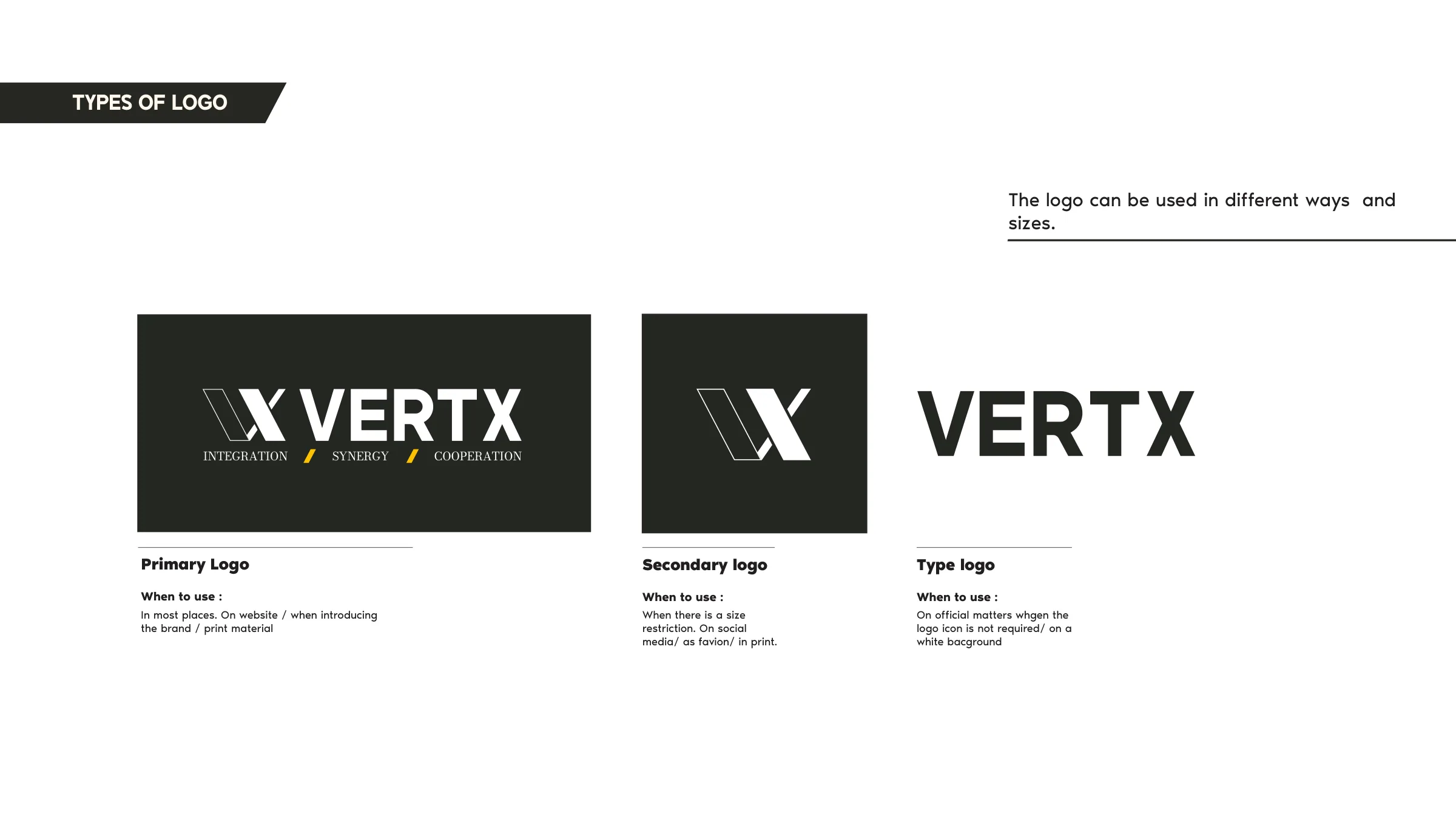 Brand guide — primary, secondary and type-only, each with a usage rule